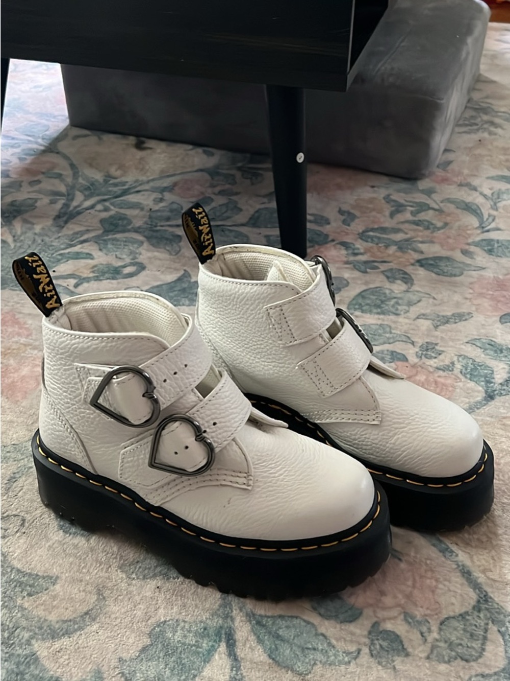 Dr. Martens White Platform Heart-Buckle Ankle Boots